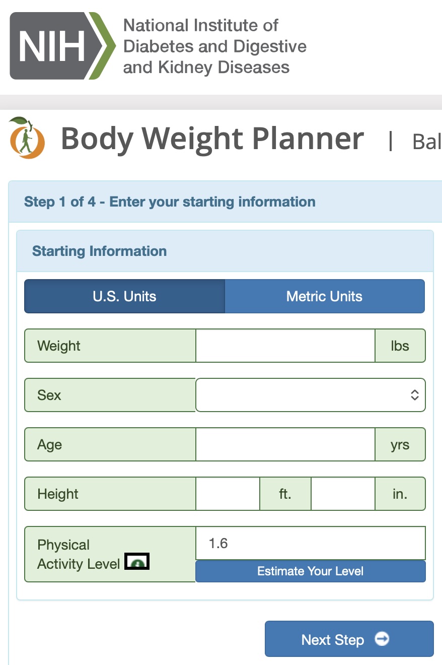 Screenshot des NIH Body Weight Planner mit Eingabefeldern für Gewicht, Geschlecht, Alter, Größe und Aktivitätslevel